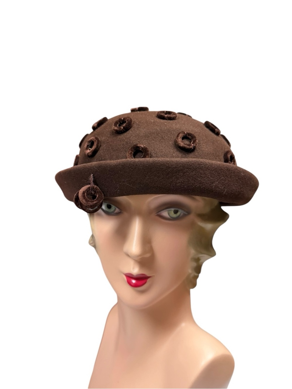 Vintage Hattie Carnegie Brown Wool Felt Women's Hat Decorative Rosettes - Picture 2 of 8
